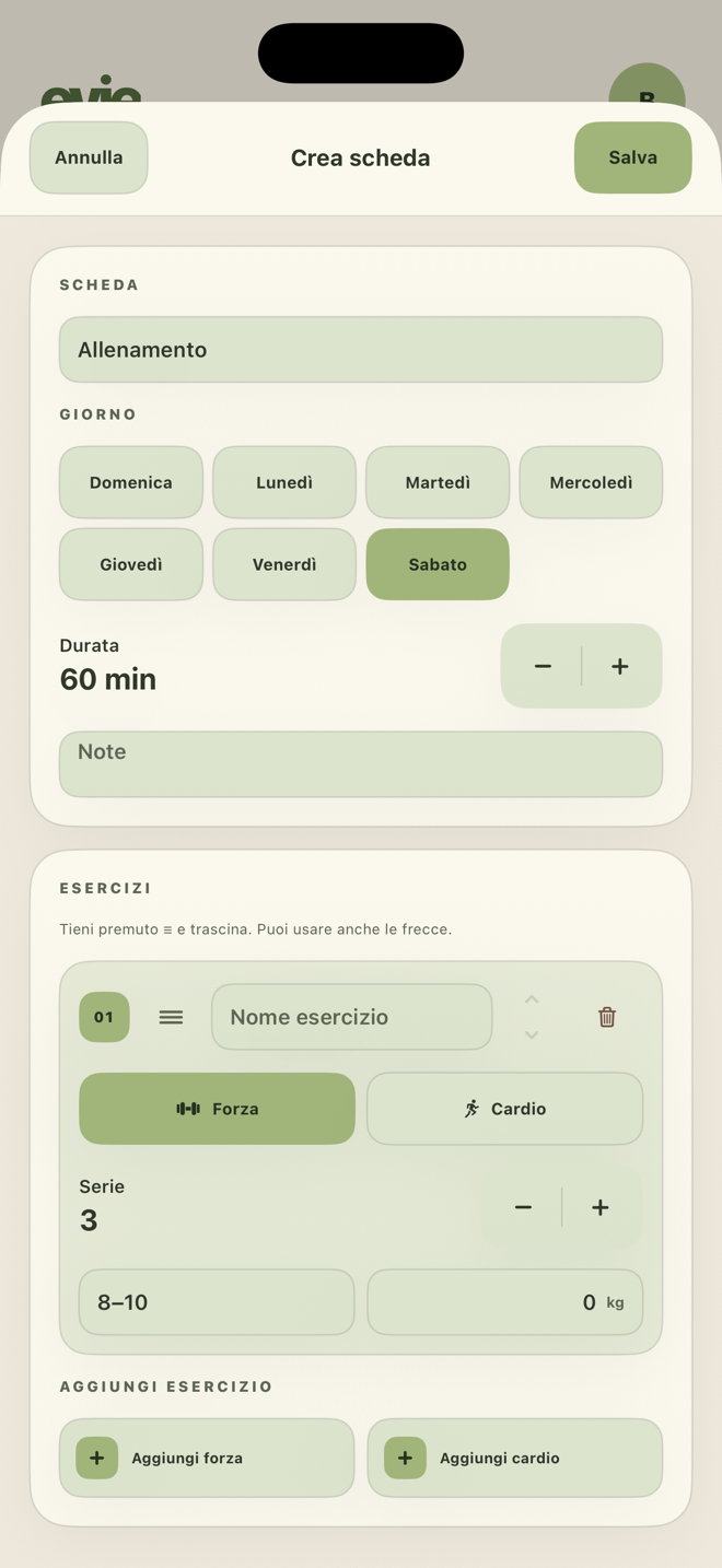 Creazione di una scheda di allenamento in evie.